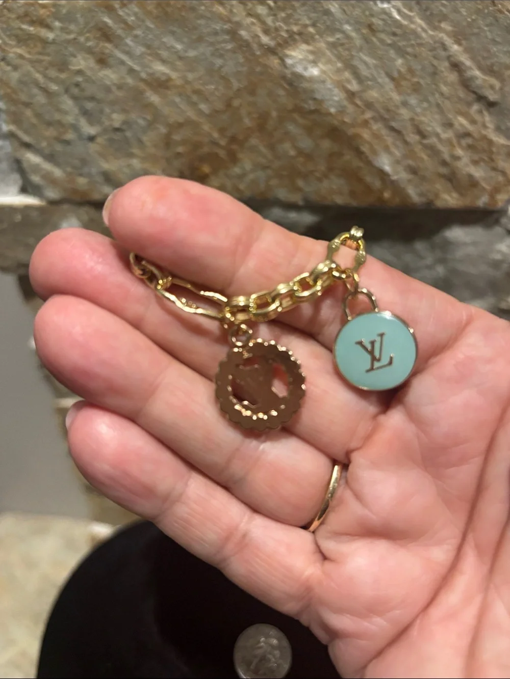 Gold Charm Bracelet with baby blue Enamel and Crystal Accents